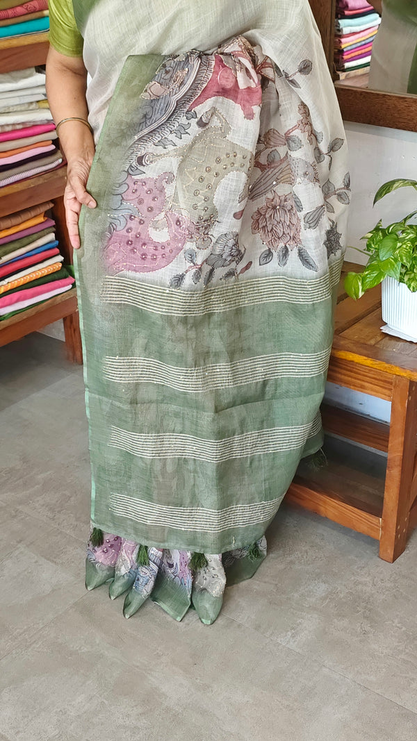 Light Beige and Moss Green Kalamkari Printed Tissue Linen Saree - 342A