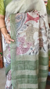 Light Beige and Moss Green Kalamkari Printed Tissue Linen Saree - 342A