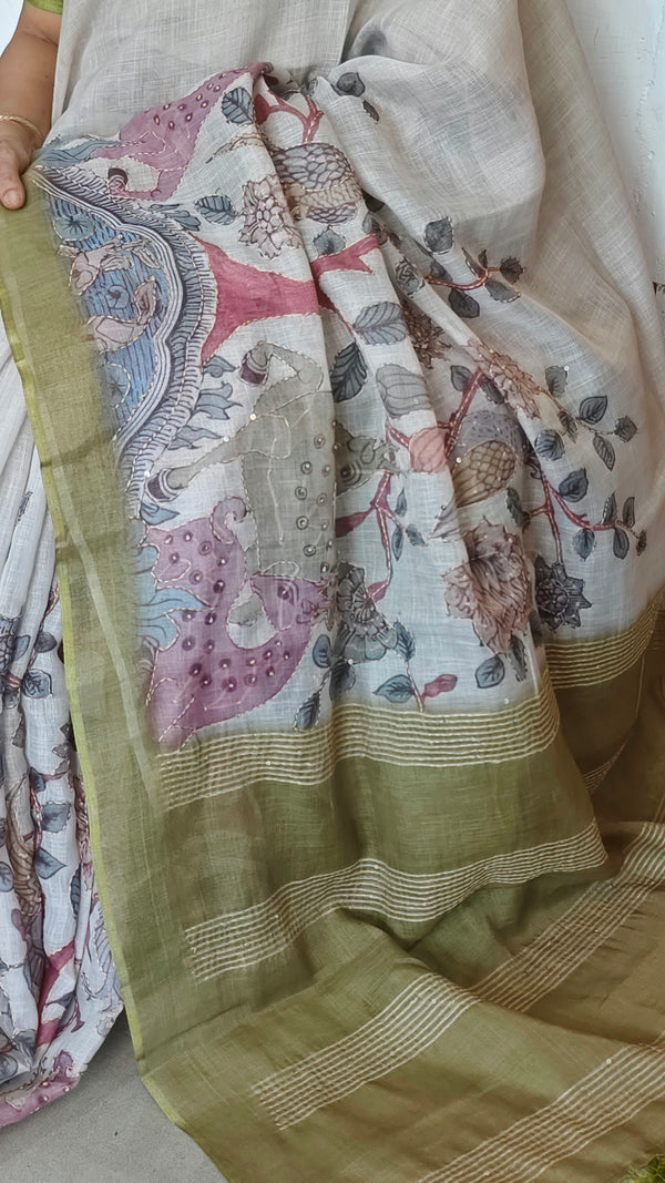 Light Beige and Fern Green Kalamkari Printed Tissue Linen Saree - 342A