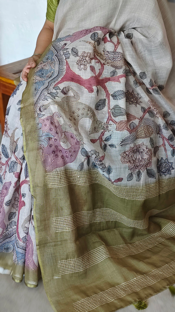 Light Beige and Fern Green Kalamkari Printed Tissue Linen Saree - 342A