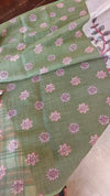 Light Beige and Moss Green Kalamkari Printed Tissue Linen Saree - 342A