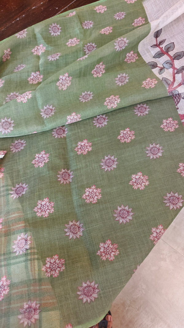 Light Beige and Moss Green Kalamkari Printed Tissue Linen Saree - 342A