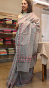 Grey Net Kota Embroidered Saree