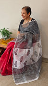 Red and black block printed kota saree