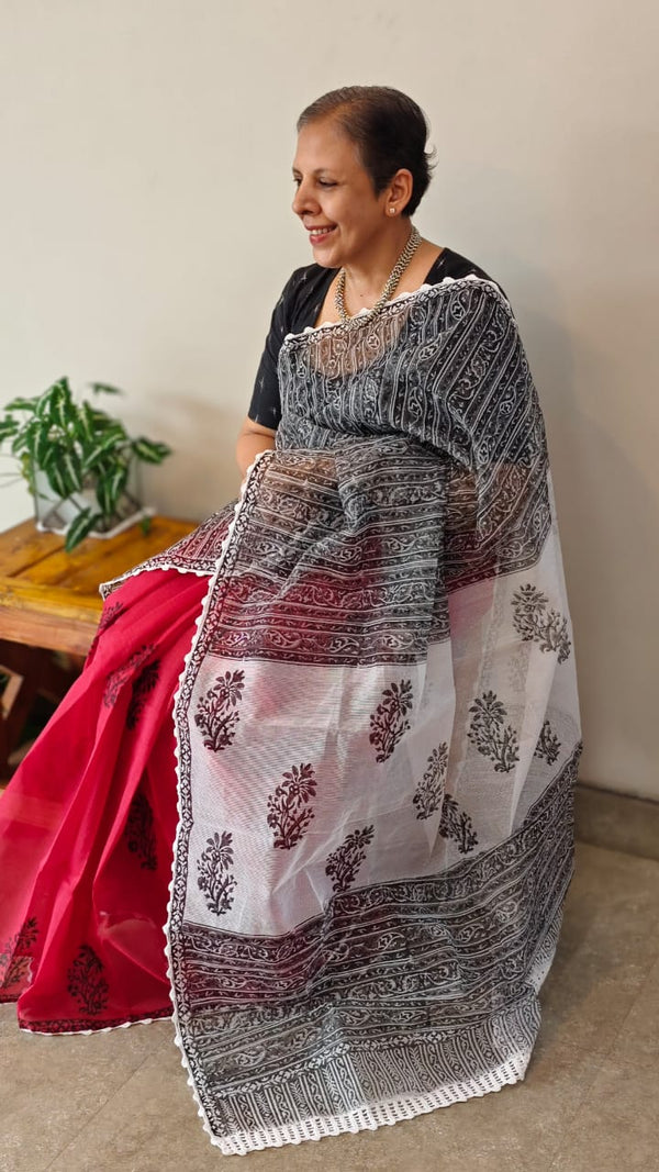 Red and black block printed kota saree
