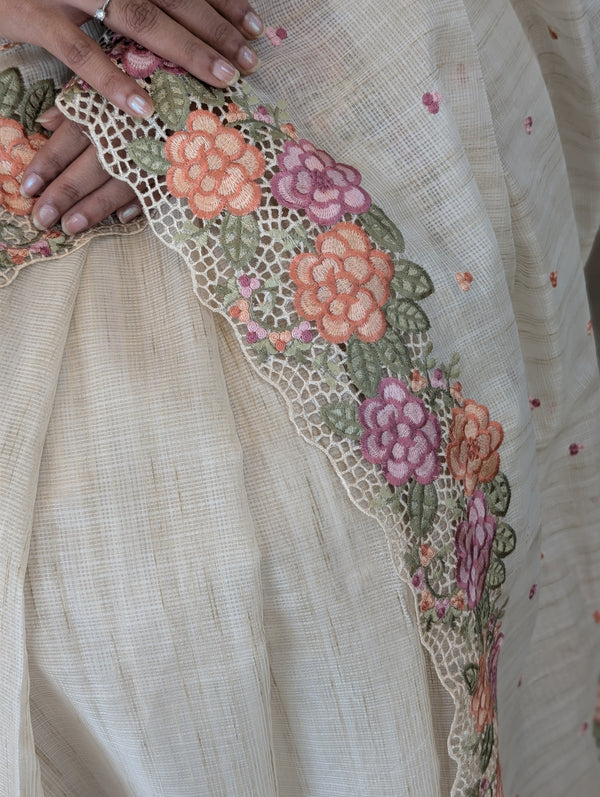 P328 - Cream kota cutwork saree