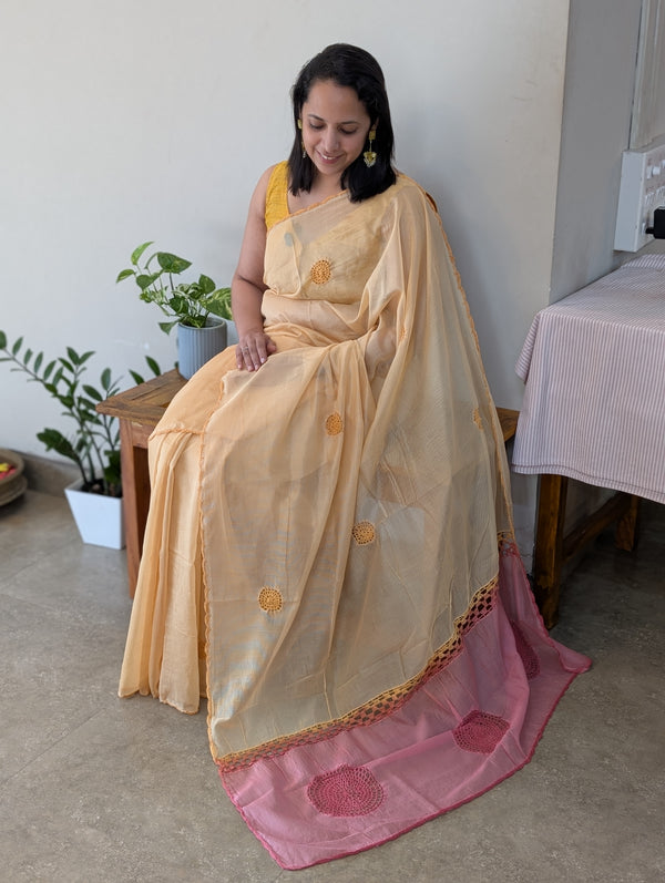 FRC9 - Yellow and pink crochet on net kota saree