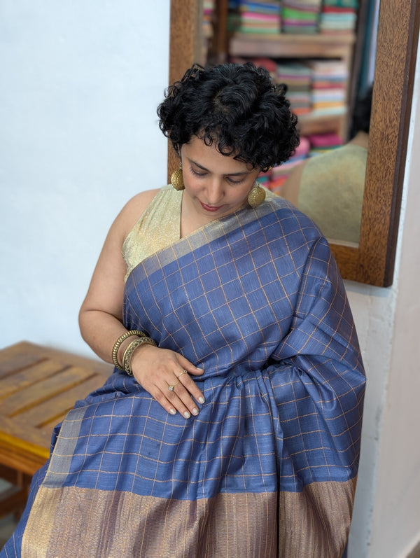 Cobalt Blue Zari Checked Semi silk saree - BPR3