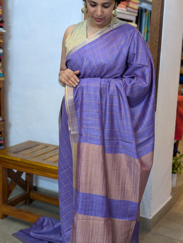 Lavender Zari Checked Semi Silk Saree - BPR3