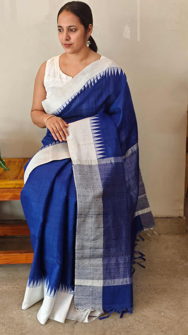 Blue and white raw silk saree
