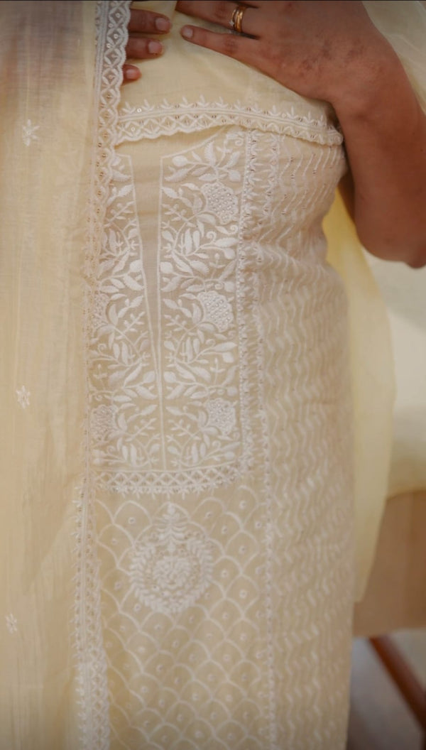 Pale yellow mal chanderi suit