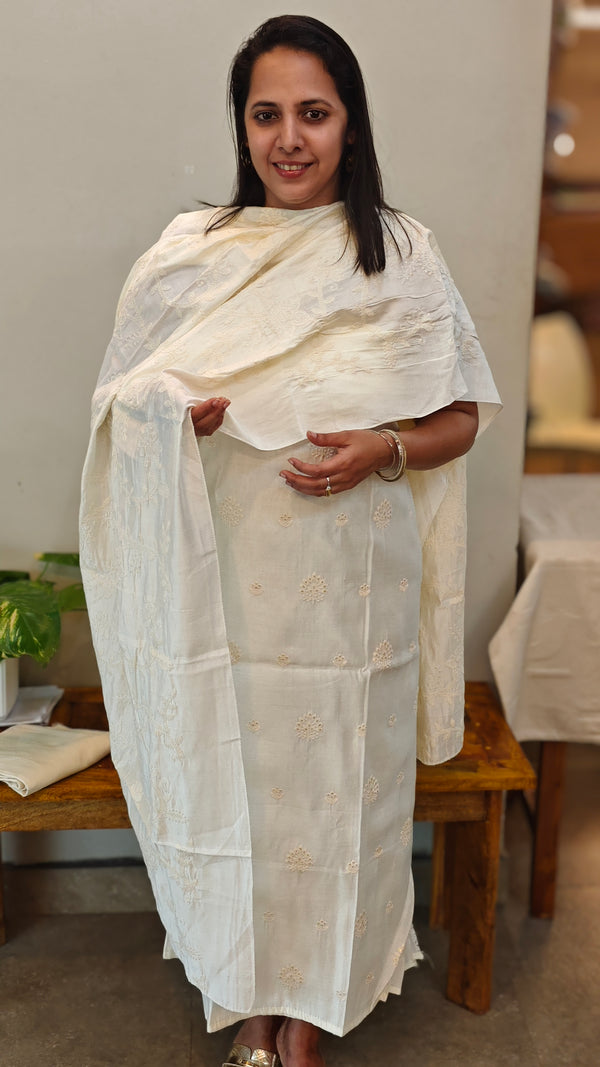 Off white Chanderi embroidered suit