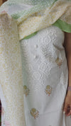 Milky white and green cotton chikankari suit - 673W - 1